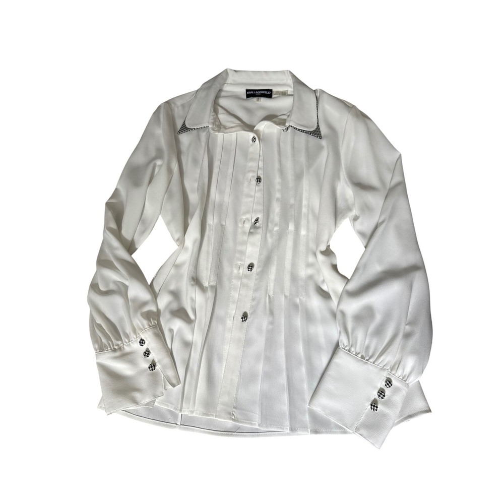 Karl Lagerfeld Paris White Pleated Blouse‎ Houndstooth Trim Quiet Luxury Women M